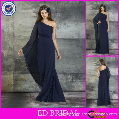 CB58 Unique Arabic Style One Long Sleeve Navy Chiffon Bridesmaid Dress